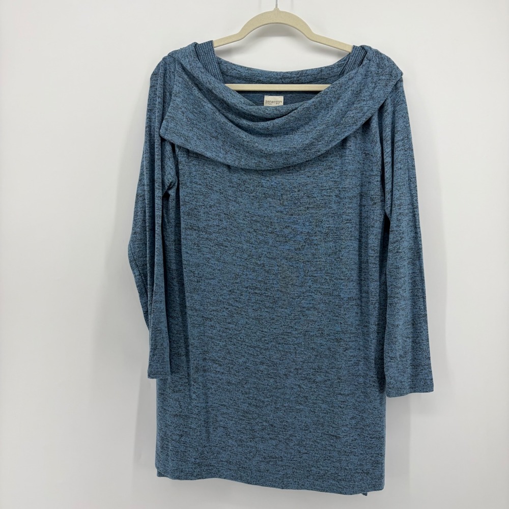 Zenergy by Chico's Womens 1 / M Blue Space Dye Cowl Neck‎ Tunic Long Sleeve Top